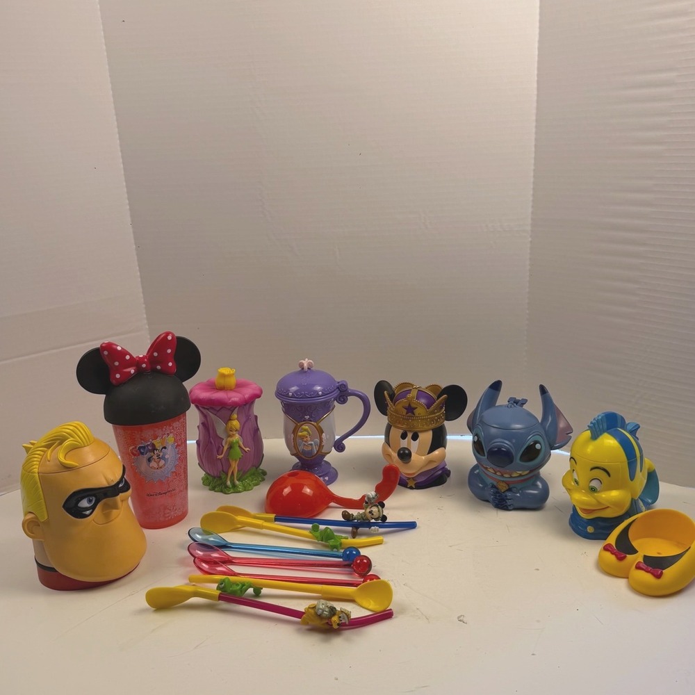 Disney Parks Souvenir Cup Lot Stitch Flounder Mr Incredible Mickey Minnie Straws
